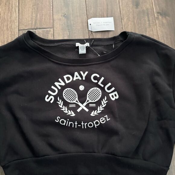 Better Together Black Sunday Club Off the Shoulder Cropped Sweatshirt L NWT - Picture 2 of 5